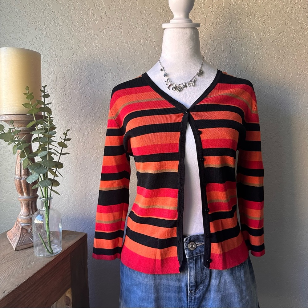 Finity Striped V-Neck Button Cardigan - Black, Orange, Red